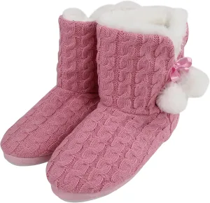 Women's Knit Slippers Indoor Warm Fluffy Home Bootie Slippers Anti-Slip House Shoes with Cute Pom Poms Soft Cozy Ankle Boots for Women