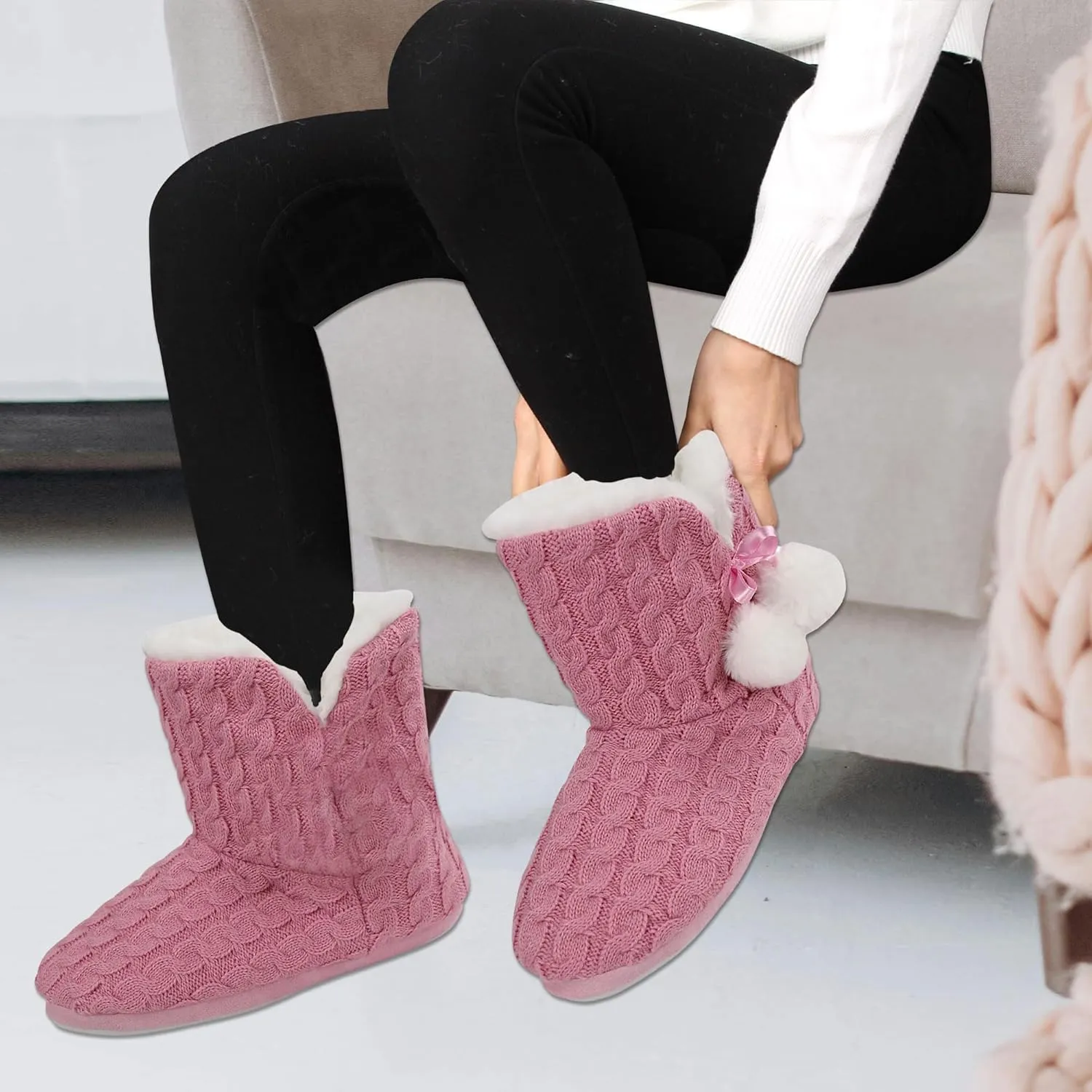Women's Knit Slippers Indoor Warm Fluffy Home Bootie Slippers Anti-Slip House Shoes with Cute Pom Poms Soft Cozy Ankle Boots for Women