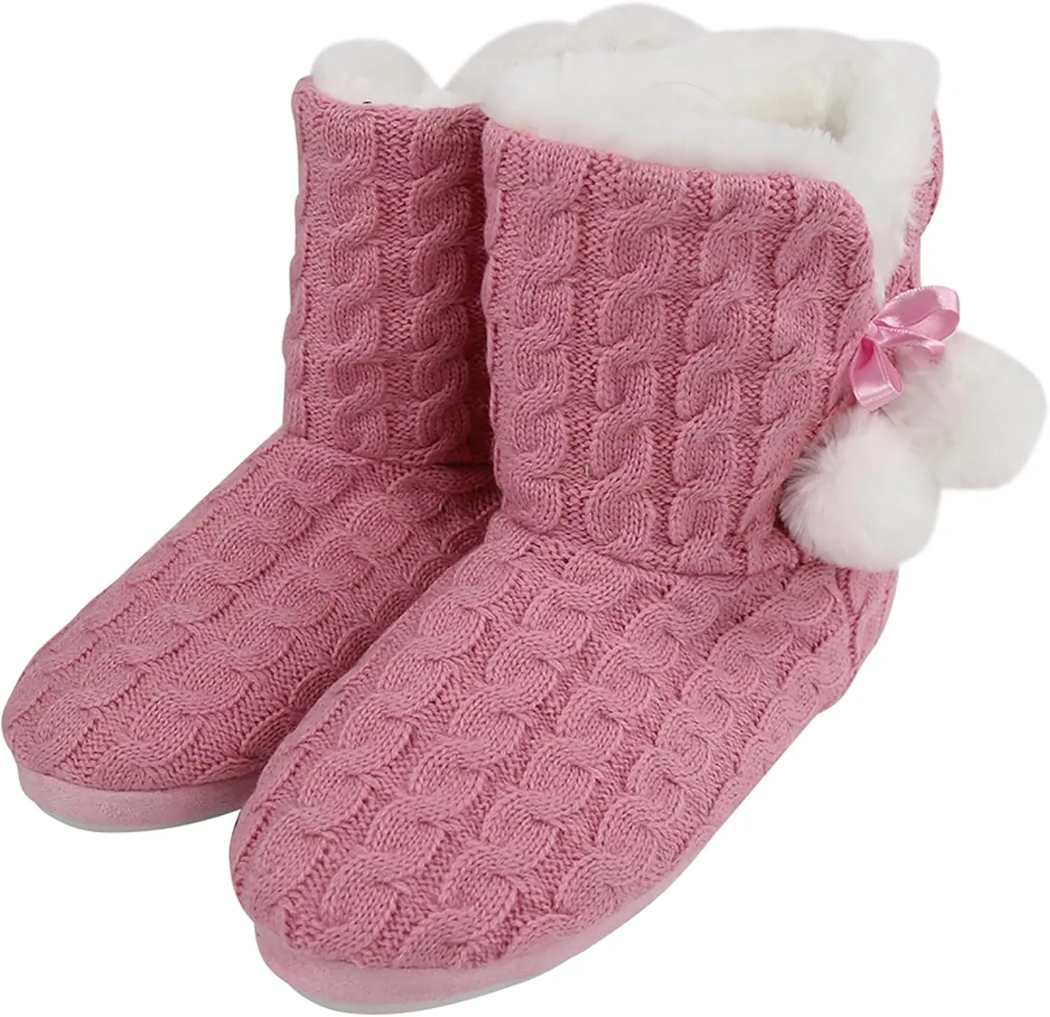 Women's Knit Slippers Indoor Warm Fluffy Home Bootie Slippers Anti-Slip House Shoes with Cute Pom Poms Soft Cozy Ankle Boots for Women