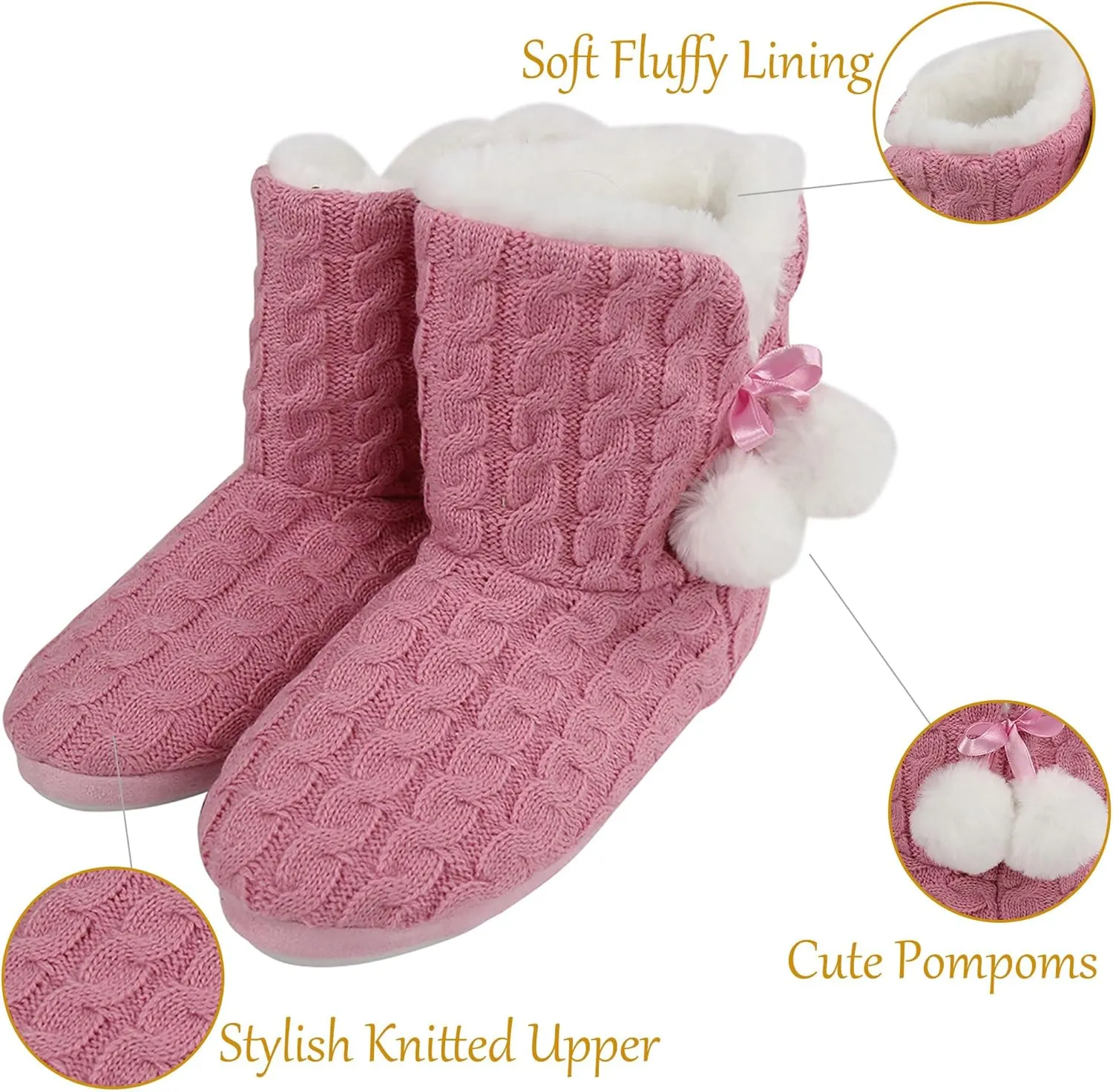 Women's Knit Slippers Indoor Warm Fluffy Home Bootie Slippers Anti-Slip House Shoes with Cute Pom Poms Soft Cozy Ankle Boots for Women