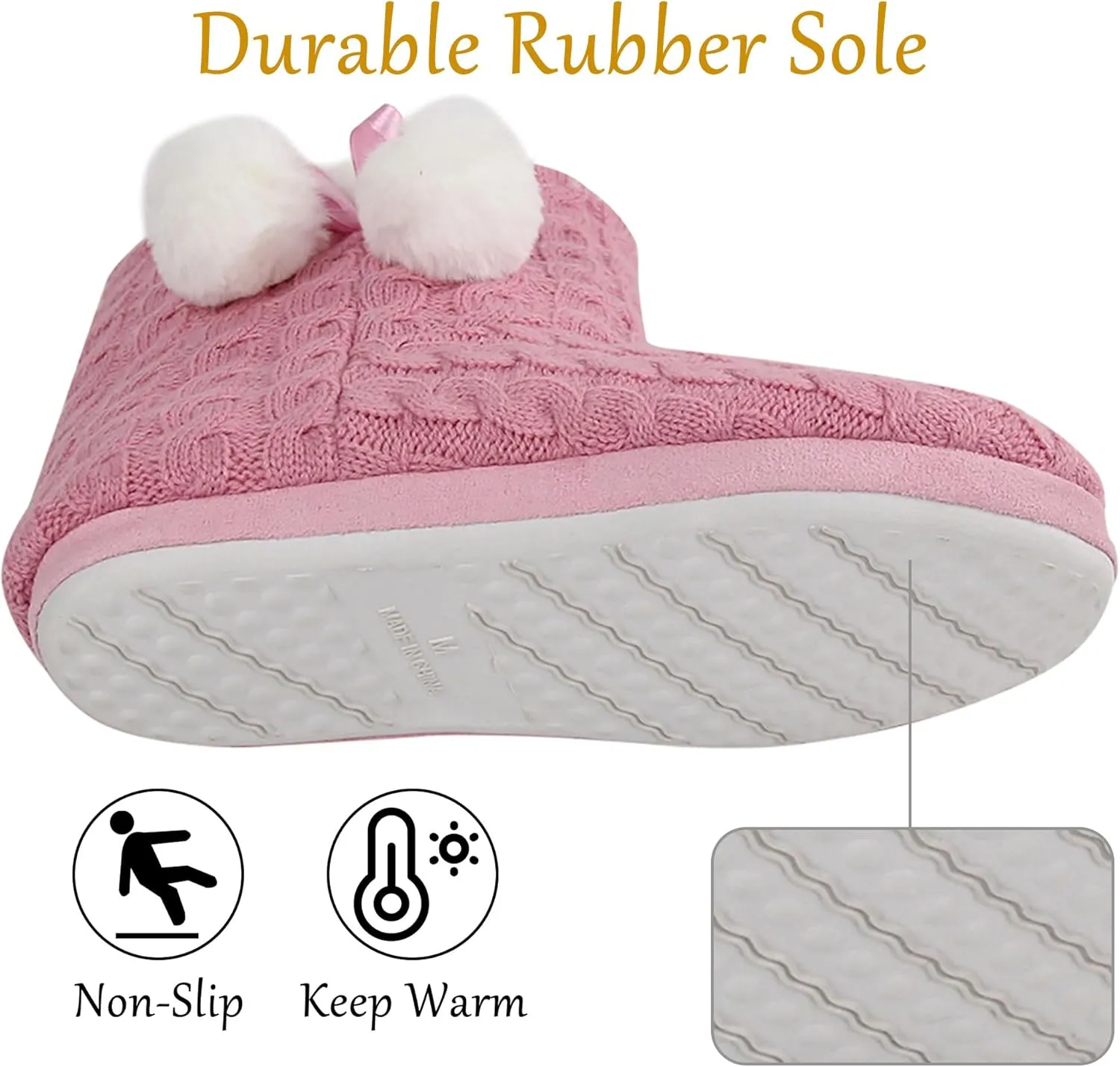 Women's Knit Slippers Indoor Warm Fluffy Home Bootie Slippers Anti-Slip House Shoes with Cute Pom Poms Soft Cozy Ankle Boots for Women