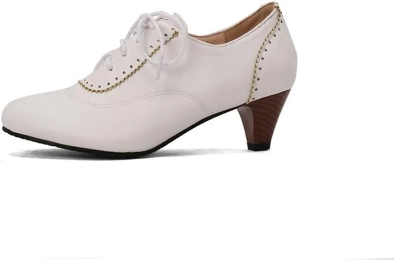 Women's Lace Up Vintage Rubber Dress Pumps Round Toe Block Mid Heels Retro Brogues Shoes Super Size