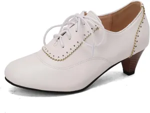 Women's Lace Up Vintage Rubber Dress Pumps Round Toe Block Mid Heels Retro Brogues Shoes Super Size