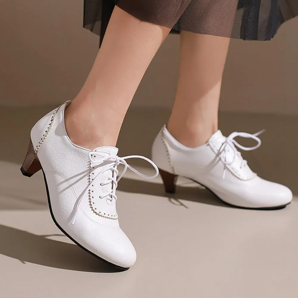Women's Lace Up Vintage Rubber Dress Pumps Round Toe Block Mid Heels Retro Brogues Shoes Super Size