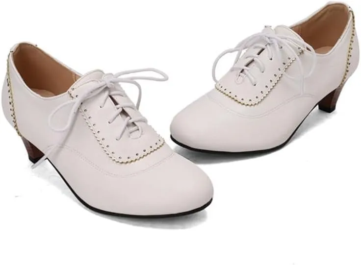 Women's Lace Up Vintage Rubber Dress Pumps Round Toe Block Mid Heels Retro Brogues Shoes Super Size
