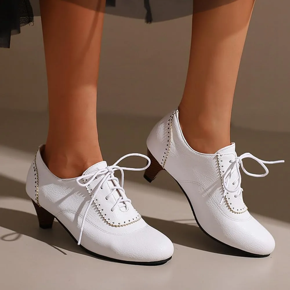 Women's Lace Up Vintage Rubber Dress Pumps Round Toe Block Mid Heels Retro Brogues Shoes Super Size