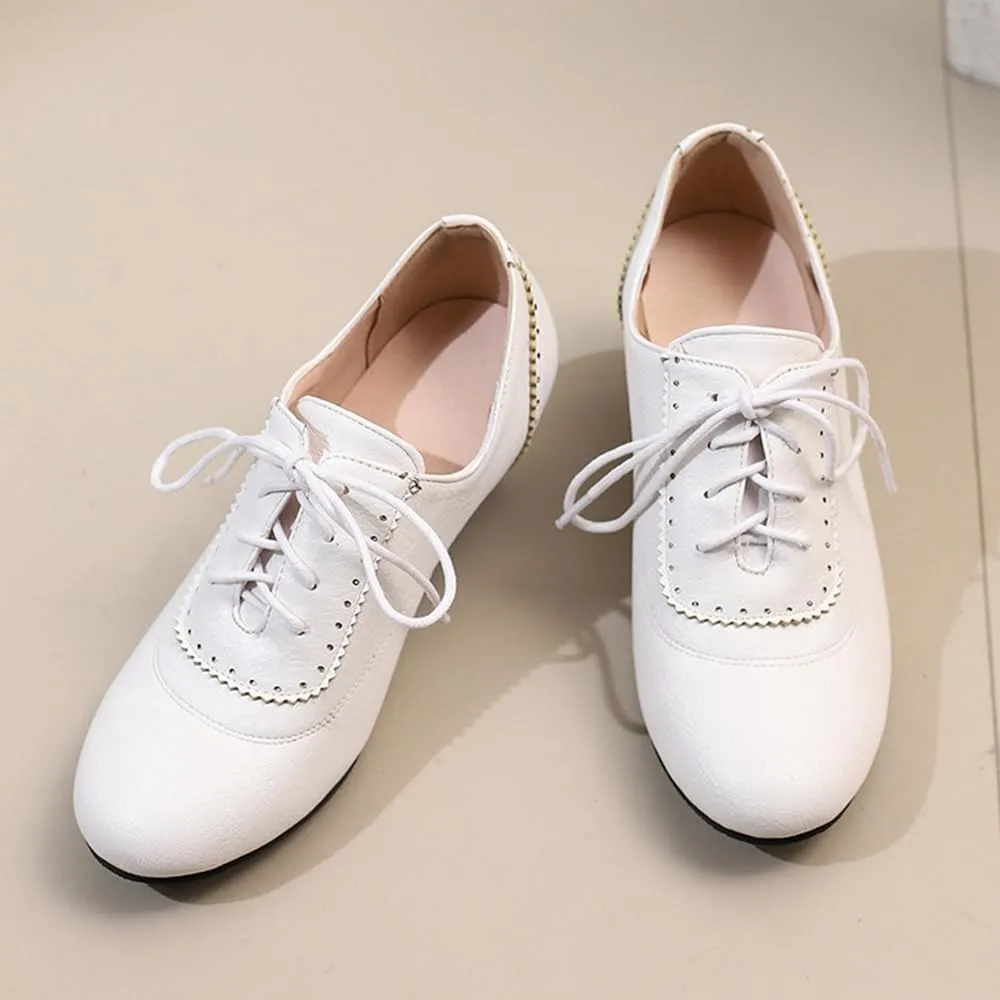 Women's Lace Up Vintage Rubber Dress Pumps Round Toe Block Mid Heels Retro Brogues Shoes Super Size
