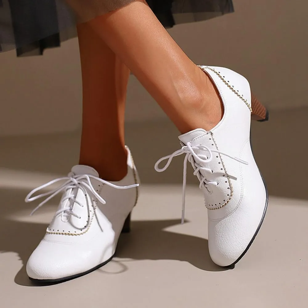 Women's Lace Up Vintage Rubber Dress Pumps Round Toe Block Mid Heels Retro Brogues Shoes Super Size