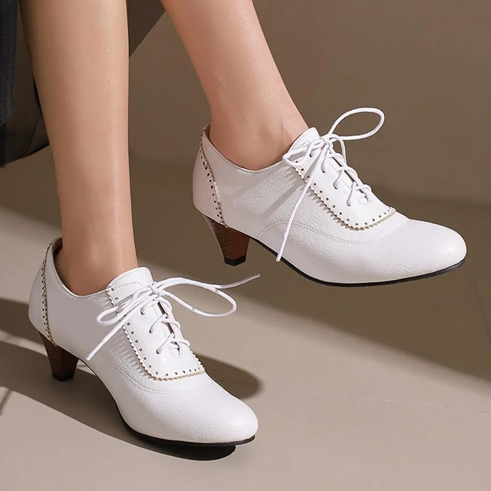 Women's Lace Up Vintage Rubber Dress Pumps Round Toe Block Mid Heels Retro Brogues Shoes Super Size