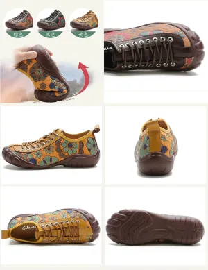 Women's Leather Comfort Casual Shoes,Round Toe Vintage Floral Print Non-Slip Oxford Softsole 8-Eye Orthotic Dress Flats