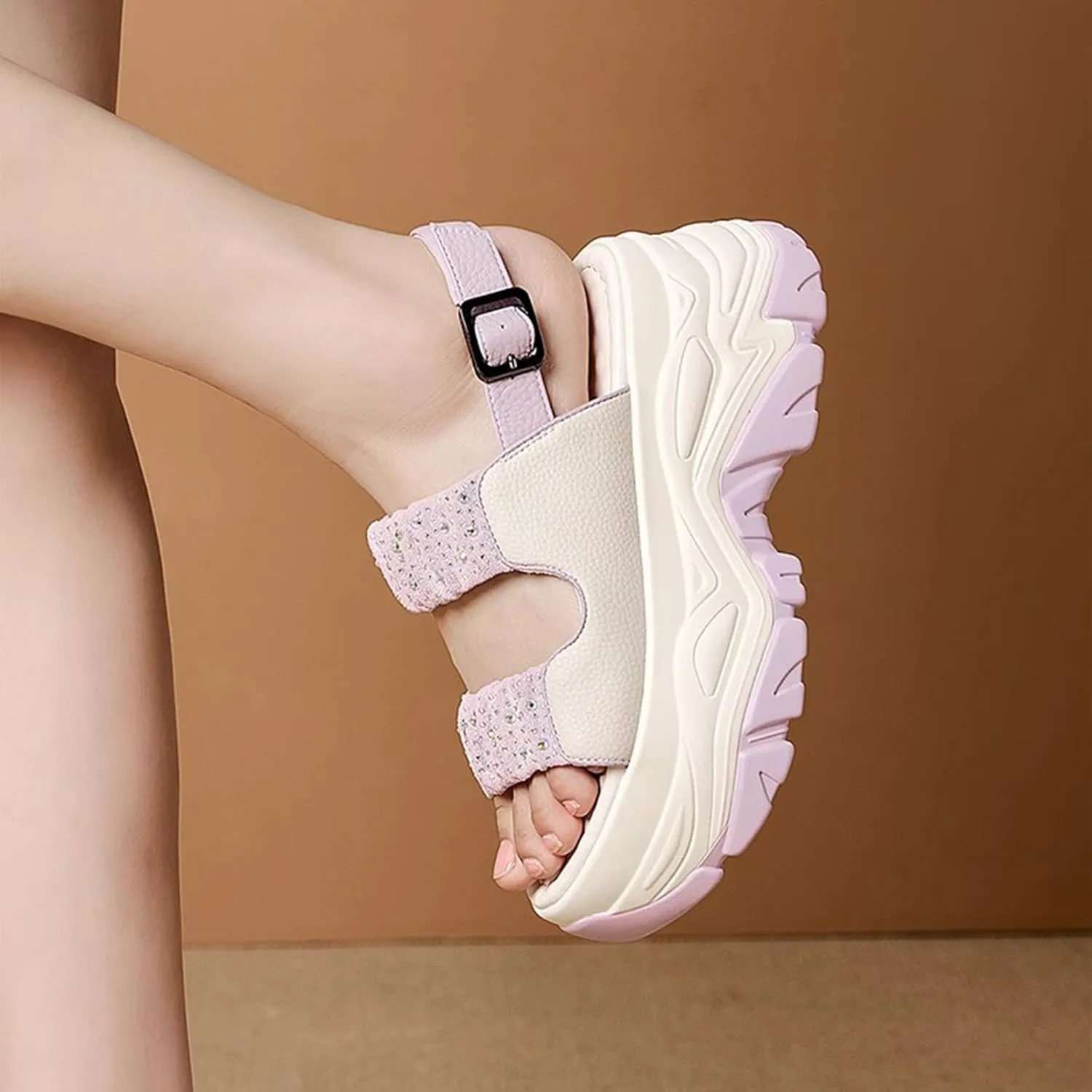 Women'S Leather Double Monk Strap Open Toe Platform Sandals,Summer Fashion Rhinestones Slip-On Casual Shoes,Breathable Comfy Beach Sneakers