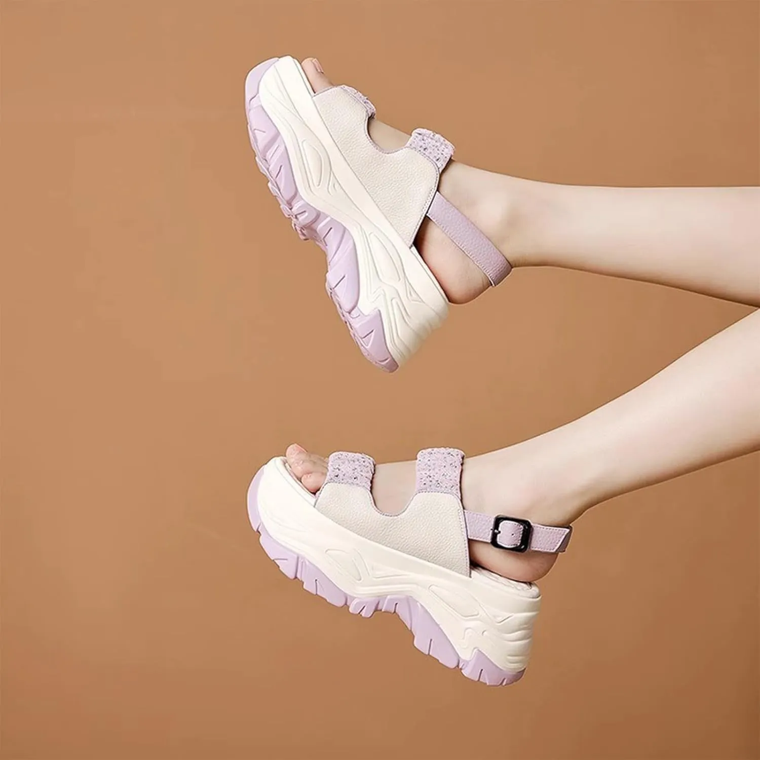 Women'S Leather Double Monk Strap Open Toe Platform Sandals,Summer Fashion Rhinestones Slip-On Casual Shoes,Breathable Comfy Beach Sneakers