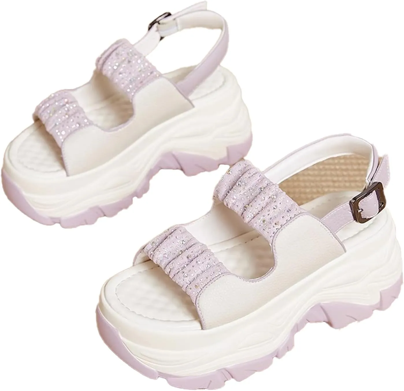 Women'S Leather Double Monk Strap Open Toe Platform Sandals,Summer Fashion Rhinestones Slip-On Casual Shoes,Breathable Comfy Beach Sneakers