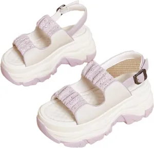 Women'S Leather Double Monk Strap Open Toe Platform Sandals,Summer Fashion Rhinestones Slip-On Casual Shoes,Breathable Comfy Beach Sneakers