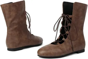 Women's Leather Lace up Flats Vintage Booties Comfortable Round Toe Lightweight Non Slip Cosplay Pirate Boots for Fall Outdoor Ankle Boots
