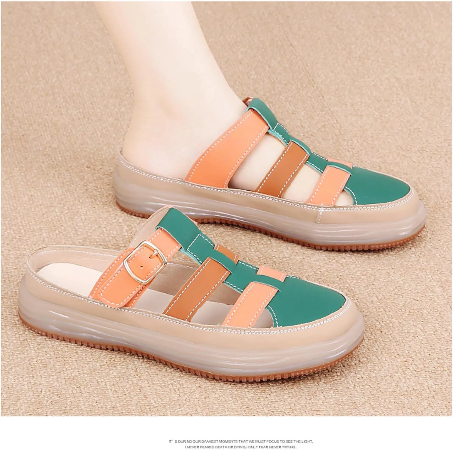 Women'S Leather Platform Closed Toe Mule Backless Sandals Casual Round Toe Slip On Hollow Out Walking Sandals Adjustable Hook & Loop Memory Foam Flat Slide