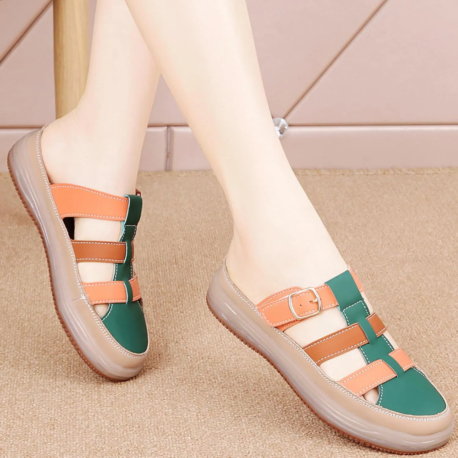 Women'S Leather Platform Closed Toe Mule Backless Sandals Casual Round Toe Slip On Hollow Out Walking Sandals Adjustable Hook & Loop Memory Foam Flat Slide