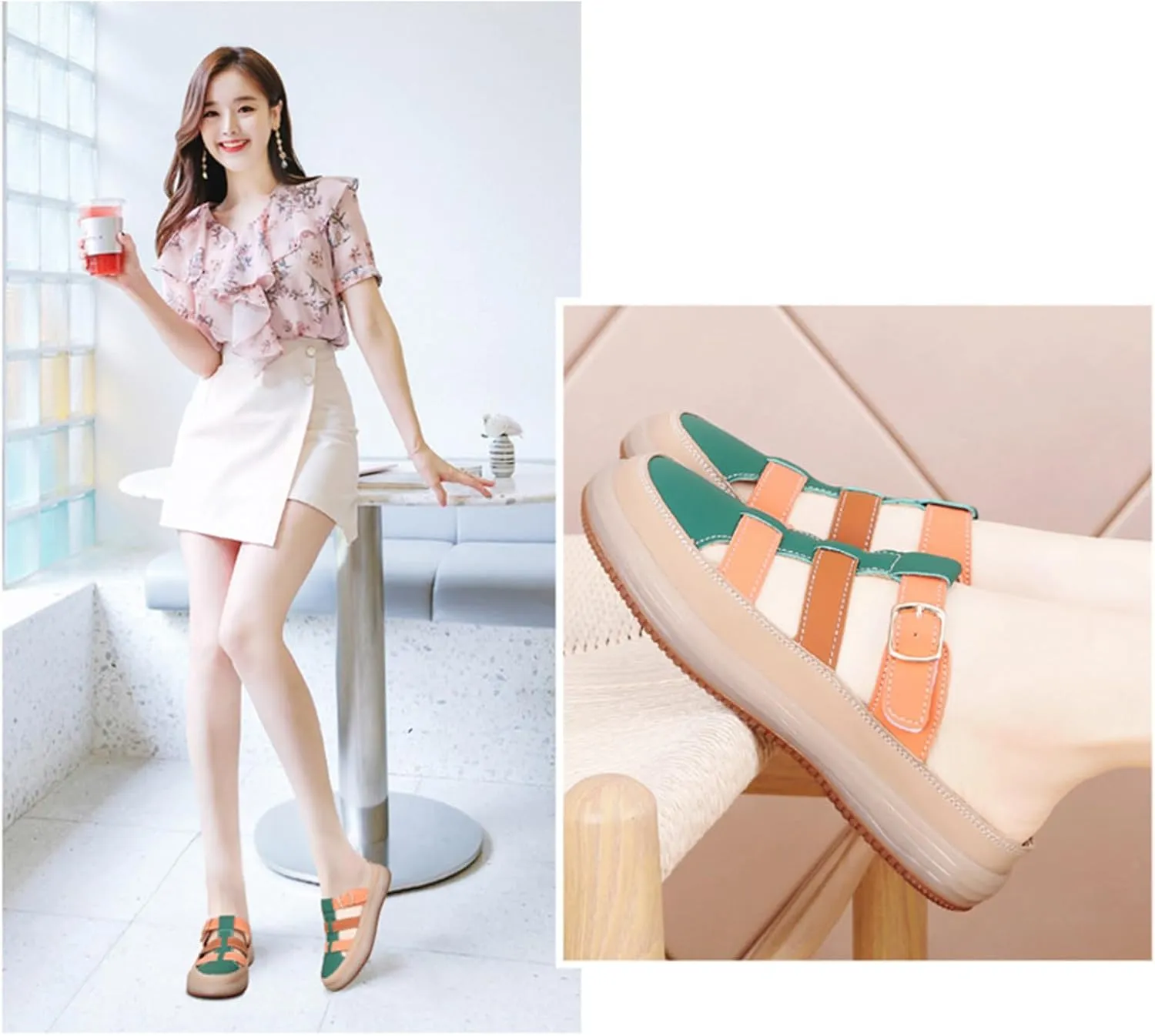 Women'S Leather Platform Closed Toe Mule Backless Sandals Casual Round Toe Slip On Hollow Out Walking Sandals Adjustable Hook & Loop Memory Foam Flat Slide