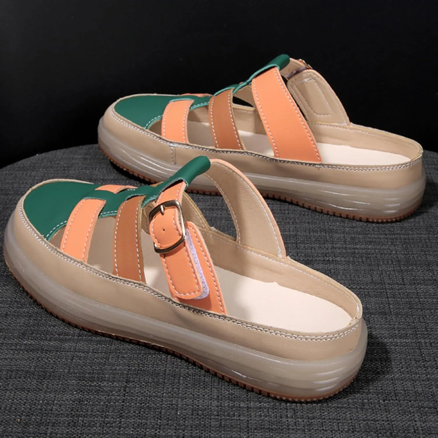 Women'S Leather Platform Closed Toe Mule Backless Sandals Casual Round Toe Slip On Hollow Out Walking Sandals Adjustable Hook & Loop Memory Foam Flat Slide