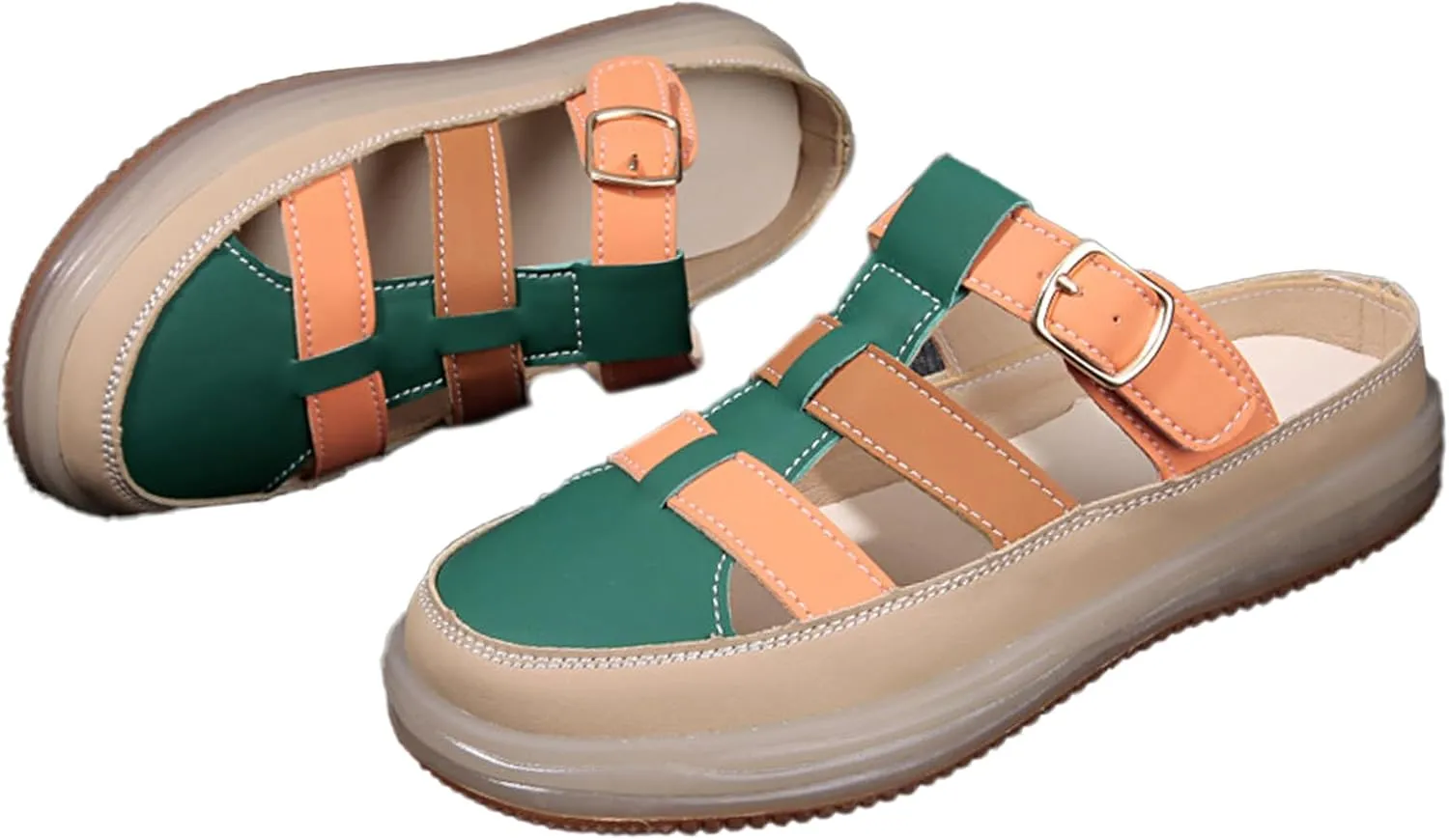 Women'S Leather Platform Closed Toe Mule Backless Sandals Casual Round Toe Slip On Hollow Out Walking Sandals Adjustable Hook & Loop Memory Foam Flat Slide