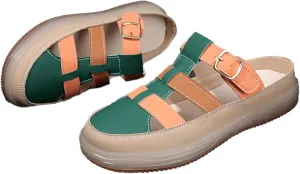 Women'S Leather Platform Closed Toe Mule Backless Sandals Casual Round Toe Slip On Hollow Out Walking Sandals Adjustable Hook & Loop Memory Foam Flat Slide