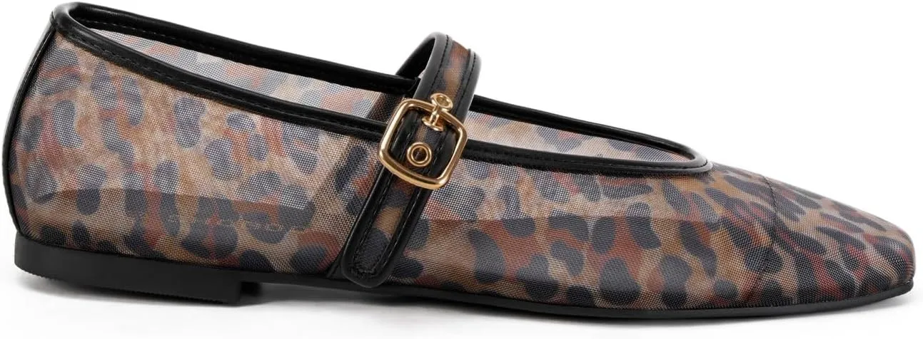 Women's Leopard Print Mesh Ballet Flats - Square Toe Mary Jane Buckle Shoes for Dress