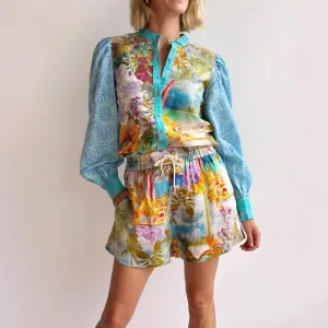 Women’s Linen Shirt and Shorts Set – Relaxed Fit – Button-Up – Drawstring Waist – Floral Pattern