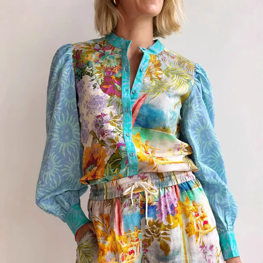 Women’s Linen Shirt and Shorts Set – Relaxed Fit – Button-Up – Drawstring Waist – Floral Pattern