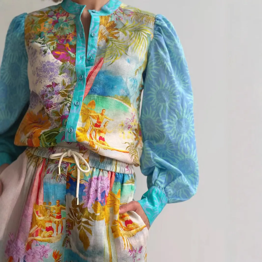 Women’s Linen Shirt and Shorts Set – Relaxed Fit – Button-Up – Drawstring Waist – Floral Pattern