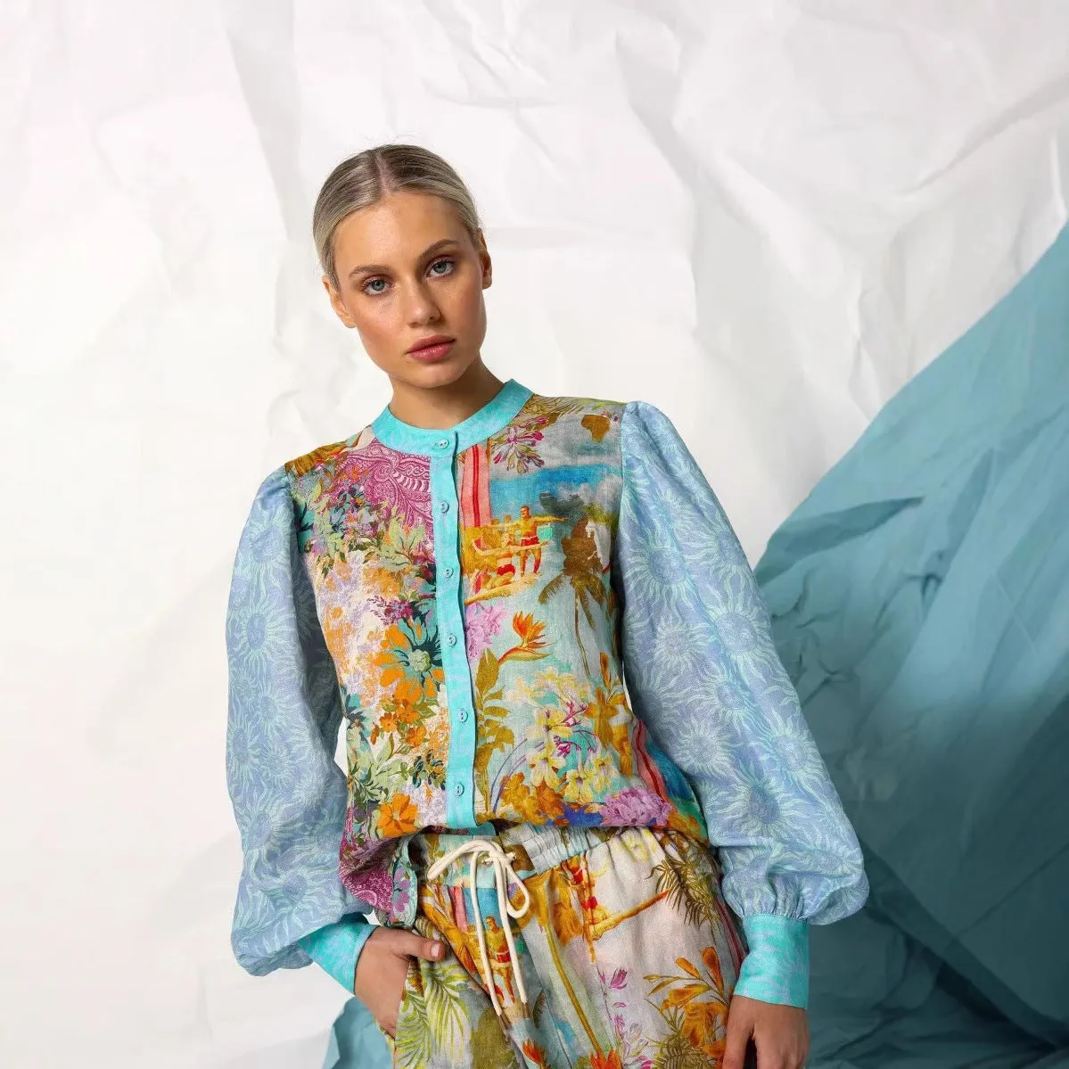 Women’s Linen Shirt and Shorts Set – Relaxed Fit – Button-Up – Drawstring Waist – Floral Pattern
