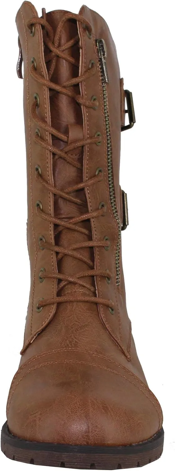 Womens Mango Round Toe Military Lace up Knit Ankle Cuff Low Heel Vegan Combat Boots