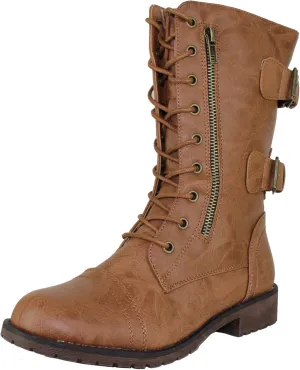 Womens Mango Round Toe Military Lace up Knit Ankle Cuff Low Heel Vegan Combat Boots