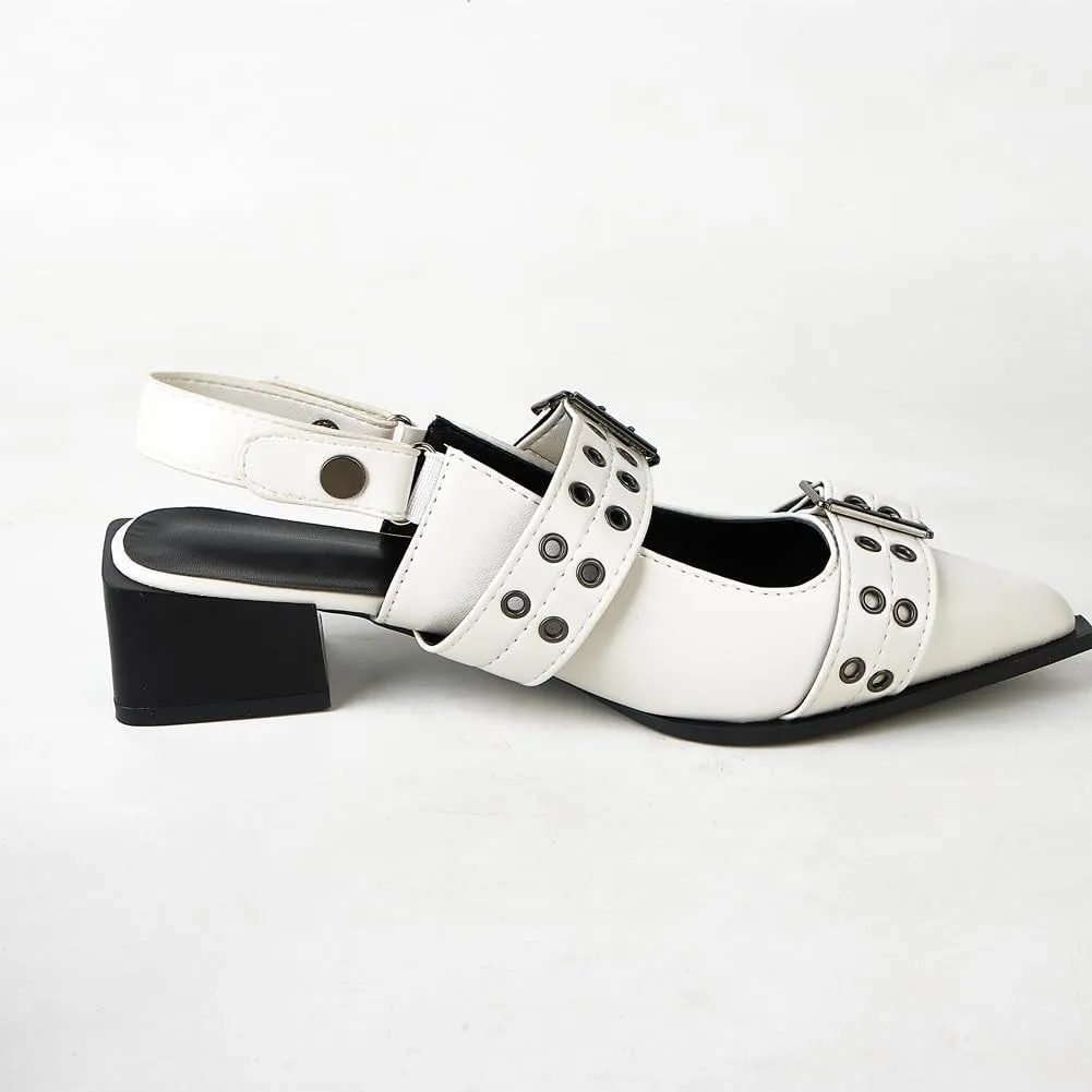 Women's Metal Punk Style Heel Mules Slipper Vintage with Pointed Toe Sandals Slides Slingback Heels
