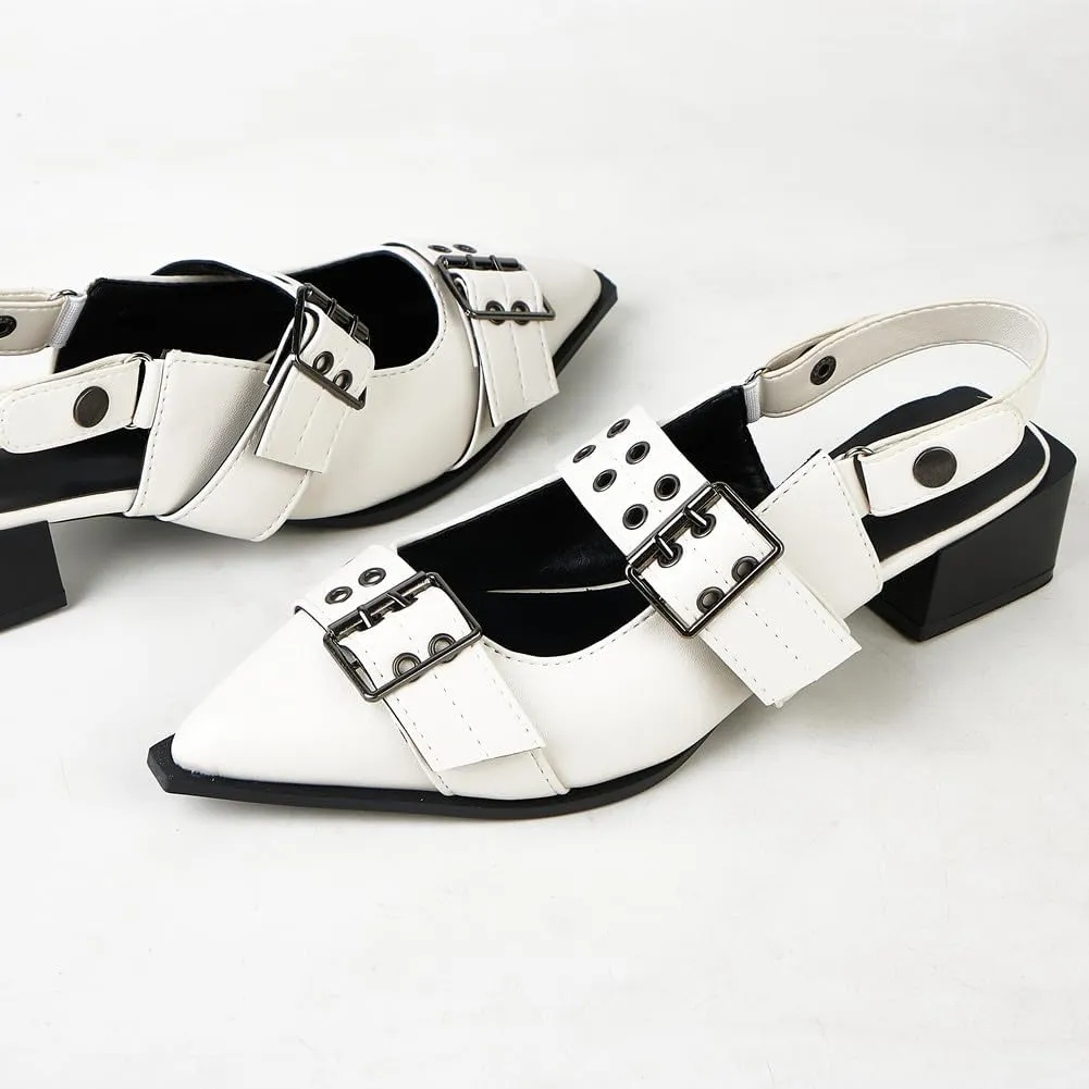 Women's Metal Punk Style Heel Mules Slipper Vintage with Pointed Toe Sandals Slides Slingback Heels