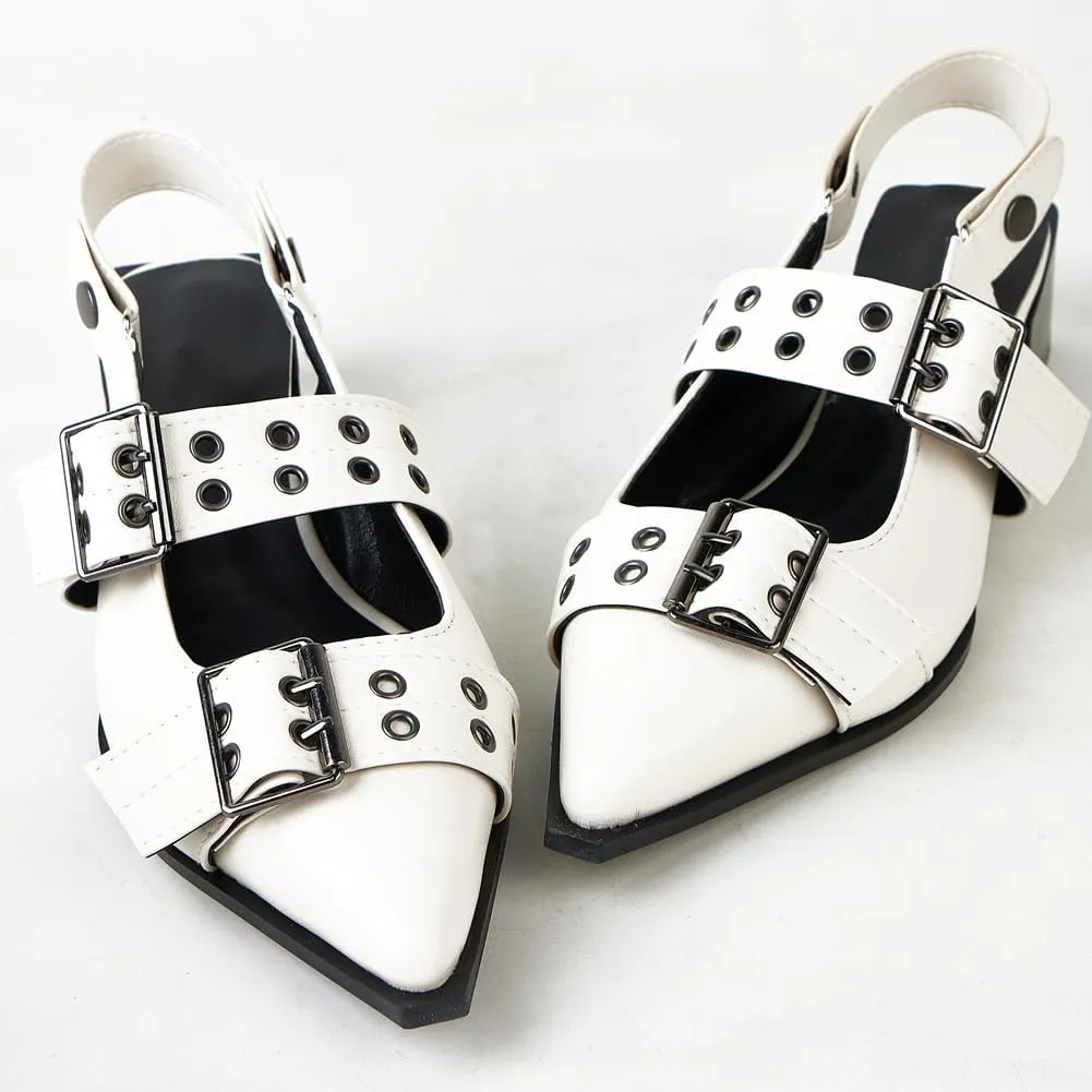 Women's Metal Punk Style Heel Mules Slipper Vintage with Pointed Toe Sandals Slides Slingback Heels