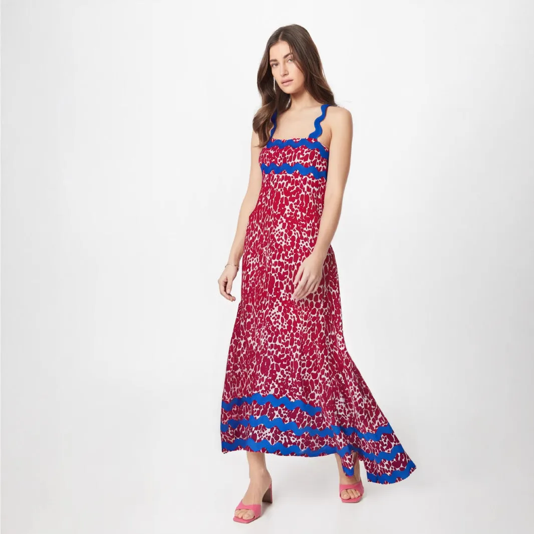 Women’s Midi Dress – Sleeveless A-Line – Scalloped Straps – Floral Pattern – Flowing Fit