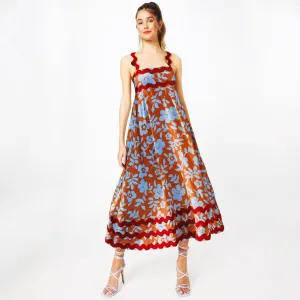Women’s Midi Dress – Sleeveless A-Line – Scalloped Straps – Floral Pattern – Flowing Fit