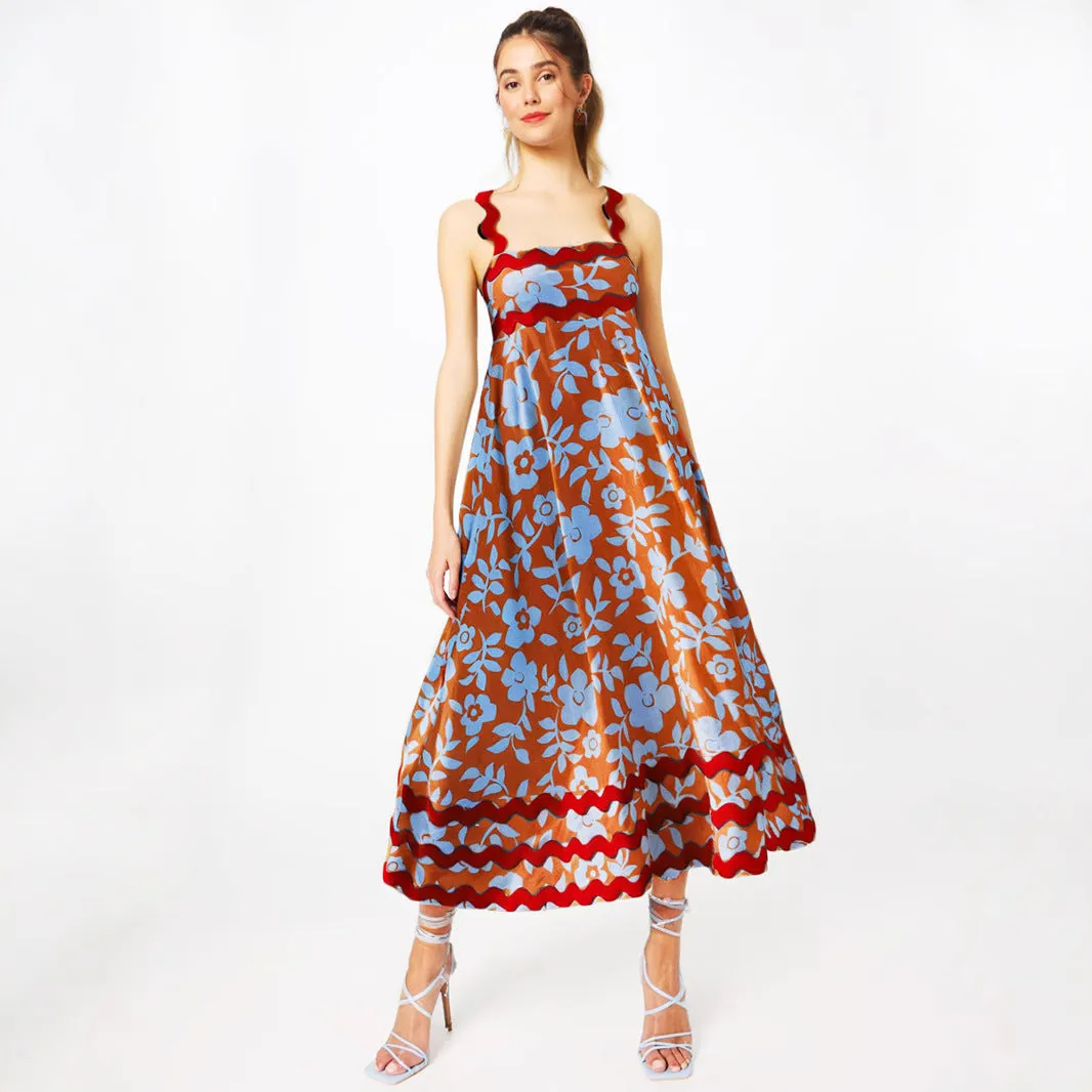 Women’s Midi Dress – Sleeveless A-Line – Scalloped Straps – Floral Pattern – Flowing Fit