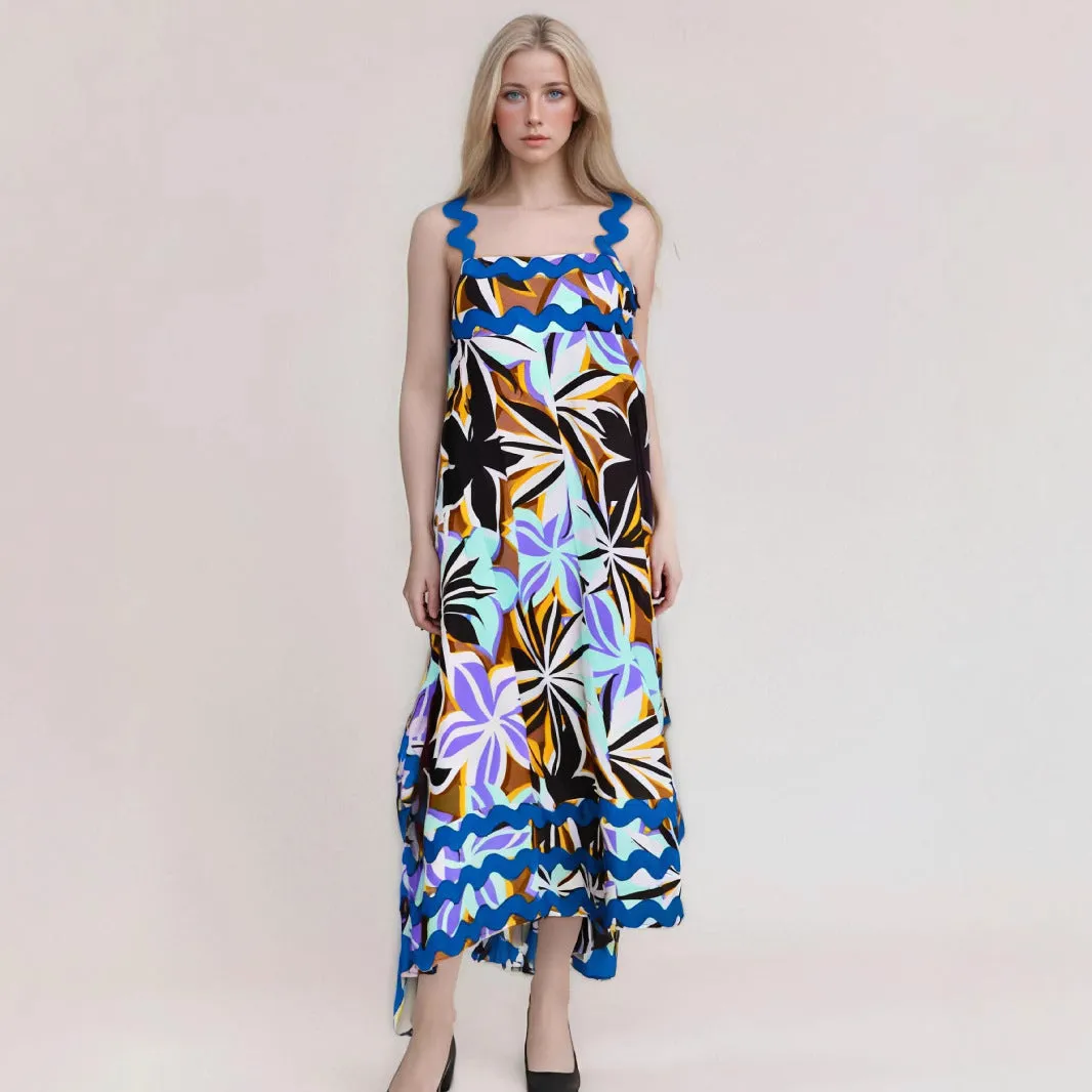 Women’s Midi Dress – Sleeveless A-Line – Scalloped Straps – Floral Pattern – Flowing Fit