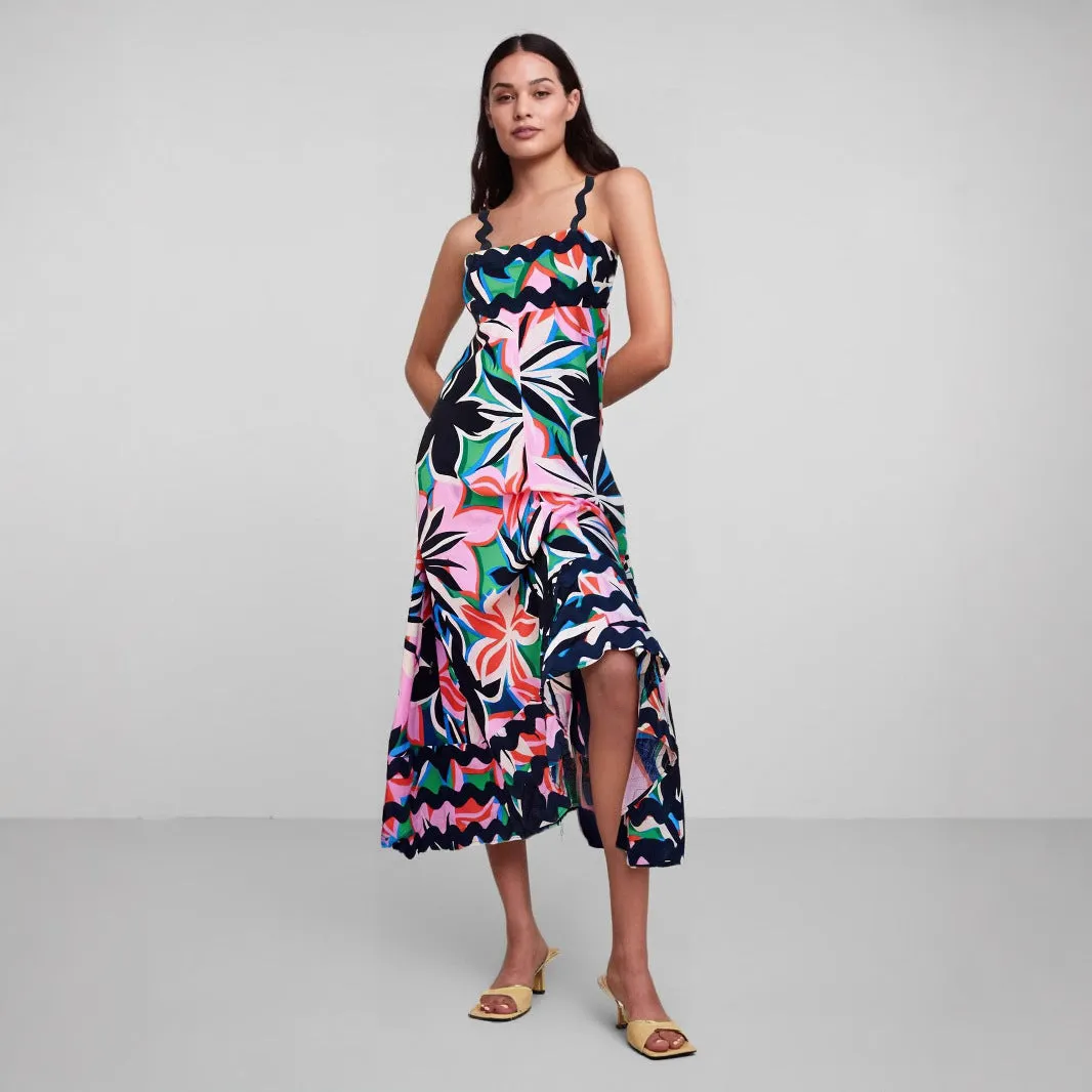 Women’s Midi Dress – Sleeveless A-Line – Scalloped Straps – Floral Pattern – Flowing Fit