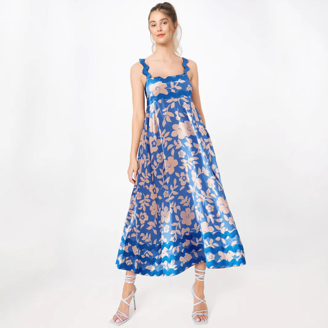 Women’s Midi Dress – Sleeveless A-Line – Scalloped Straps – Floral Pattern – Flowing Fit