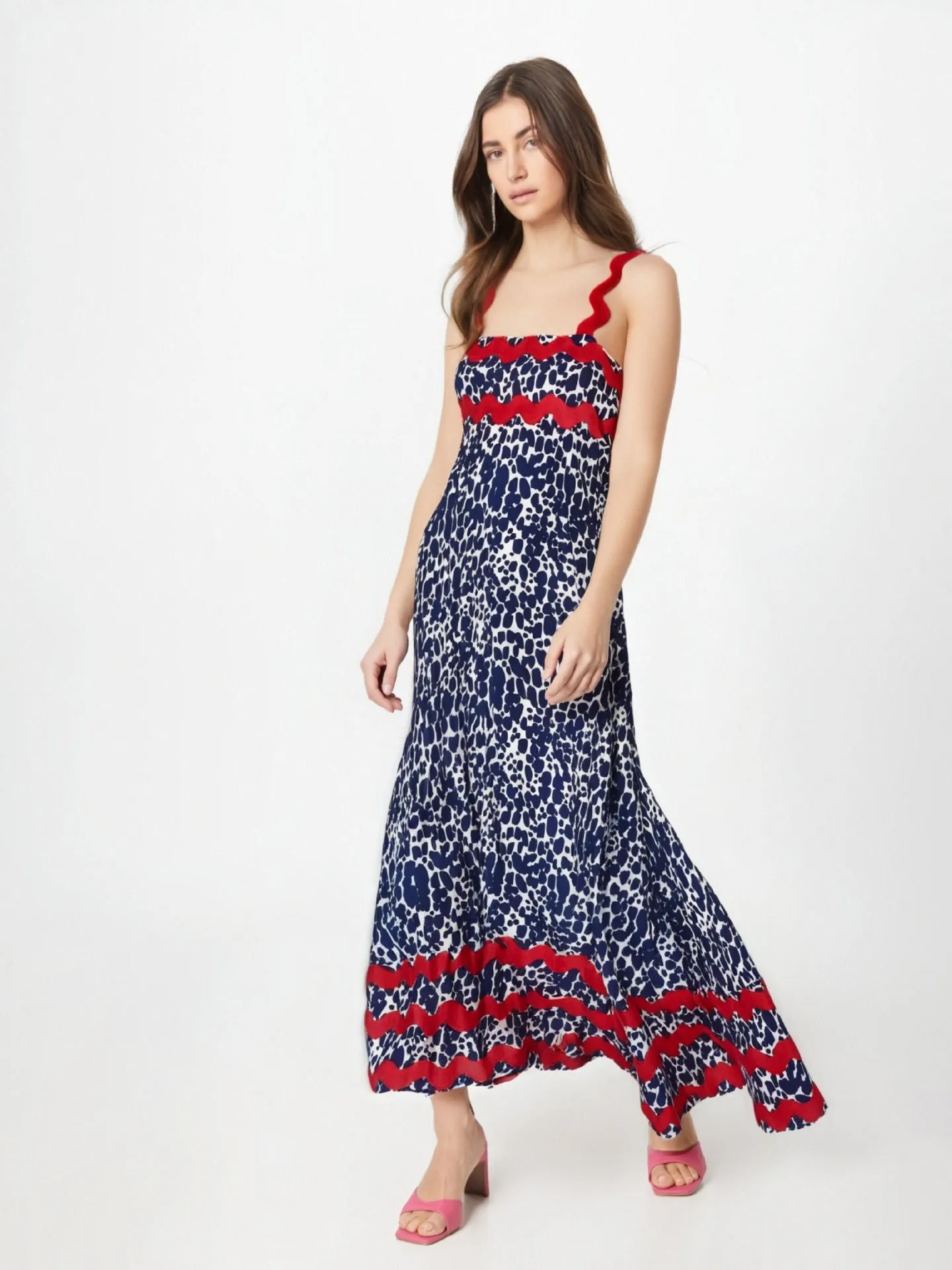 Women’s Midi Dress – Sleeveless A-Line – Scalloped Straps – Floral Pattern – Flowing Fit