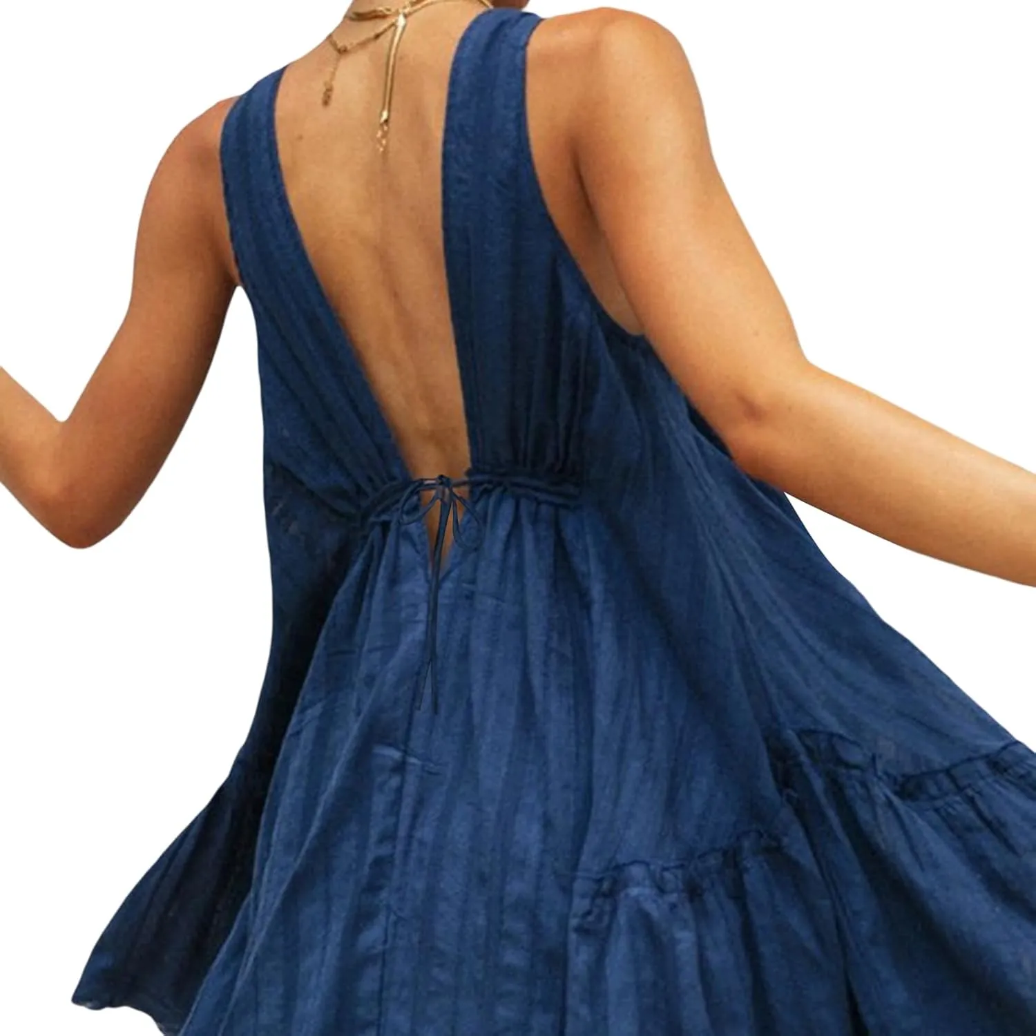 Womens Mini Dress Casual Loose V Neck Tie-Up A-line Dress Summer Sleeveless Swing Flowy Beach Sundress