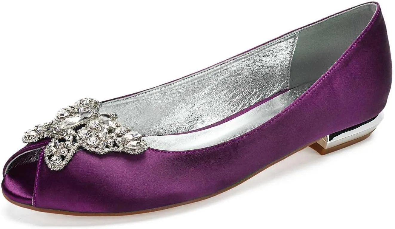 Women's Open Toe Satin Wedding Flats - Comfortable Bridal Shoes with Rhinestones, Elegant Formal Slip-On Dress Shoes, Ballet Flats for The Bride