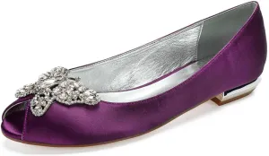 Women's Open Toe Satin Wedding Flats - Comfortable Bridal Shoes with Rhinestones, Elegant Formal Slip-On Dress Shoes, Ballet Flats for The Bride