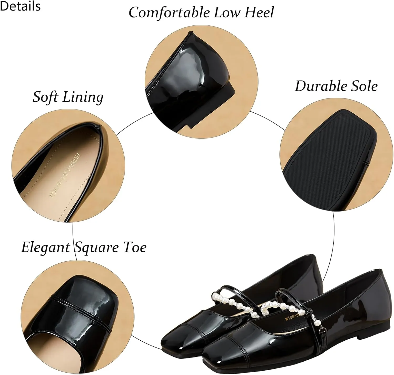 Women's Patent Leather Square Toe Mary Jane Flats Elegant Pearl Strap Slip-On Soft Ballet Walking Shoes Comfortable Casual Dress Flat Shoes