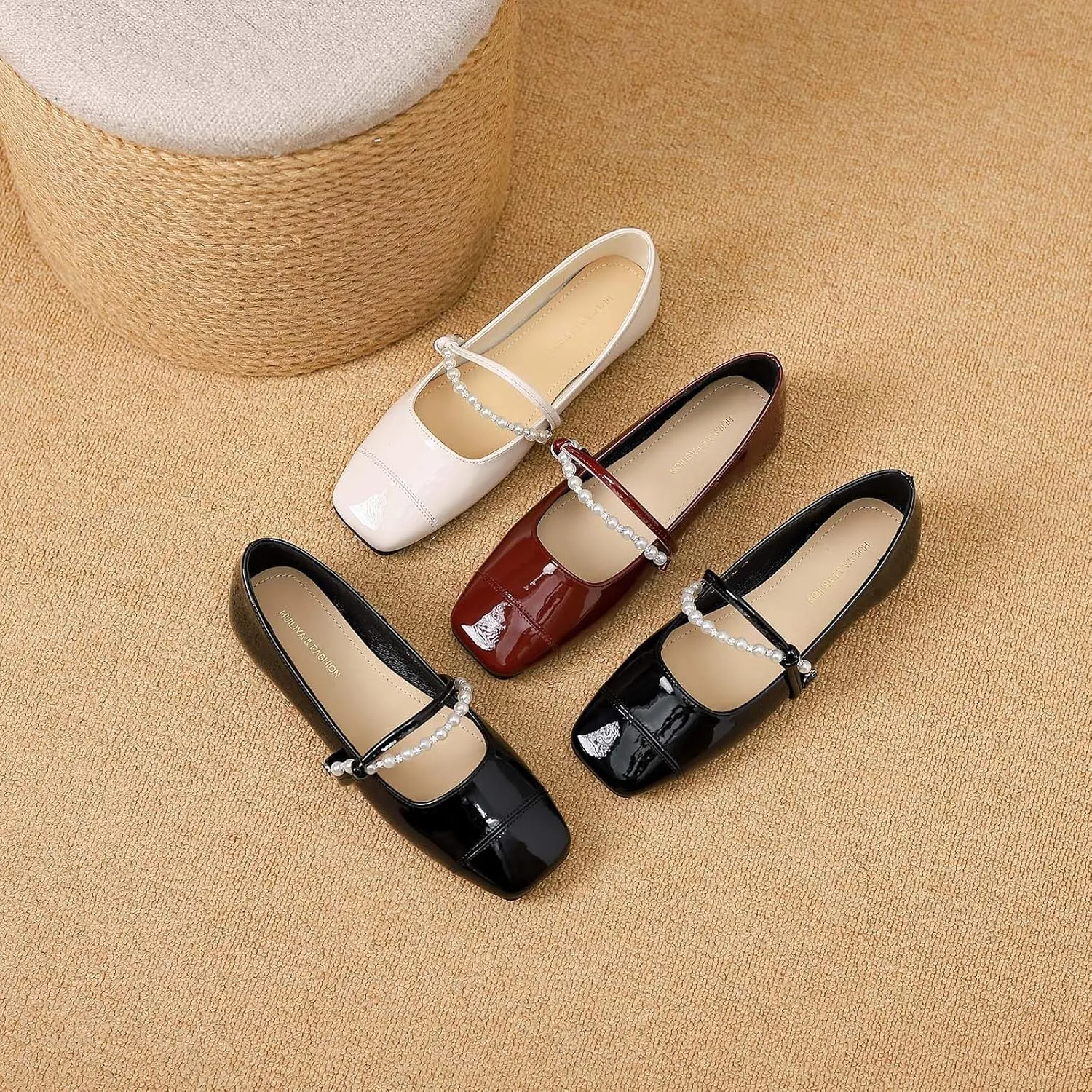 Women's Patent Leather Square Toe Mary Jane Flats Elegant Pearl Strap Slip-On Soft Ballet Walking Shoes Comfortable Casual Dress Flat Shoes