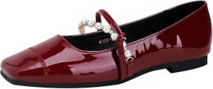 Women's Patent Leather Square Toe Mary Jane Flats Elegant Pearl Strap Slip-On Soft Ballet Walking Shoes Comfortable Casual Dress Flat Shoes