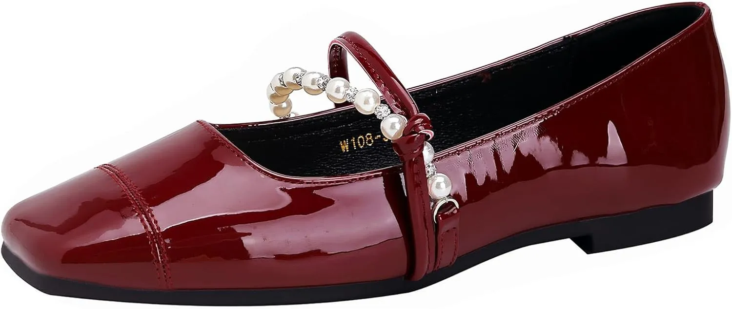 Women's Patent Leather Square Toe Mary Jane Flats Elegant Pearl Strap Slip-On Soft Ballet Walking Shoes Comfortable Casual Dress Flat Shoes