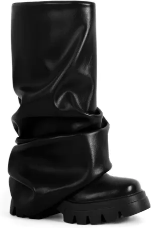 Women's Platform fold over Round Toe Chunky Heel wide calf Boots Fashion Pull-On Party Slouchy Shark Mid Calf Shoes